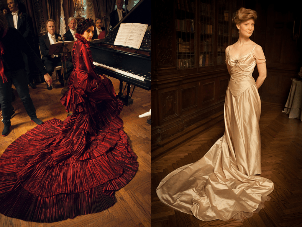 A side by side comparison of two costumes from Crimson Peak. On the left, Jessica Chastain's character Lucille Sharpe wears a blood red Victorian era gown. It takes inspiration from anatomical studies and has particular corset detailing on the spine of the dress. On the right, Mia Wasikowska's character Edith Cushing wears a more modern (for the era) champagne-coloured off-the-shoulder dress with a considerable train. 